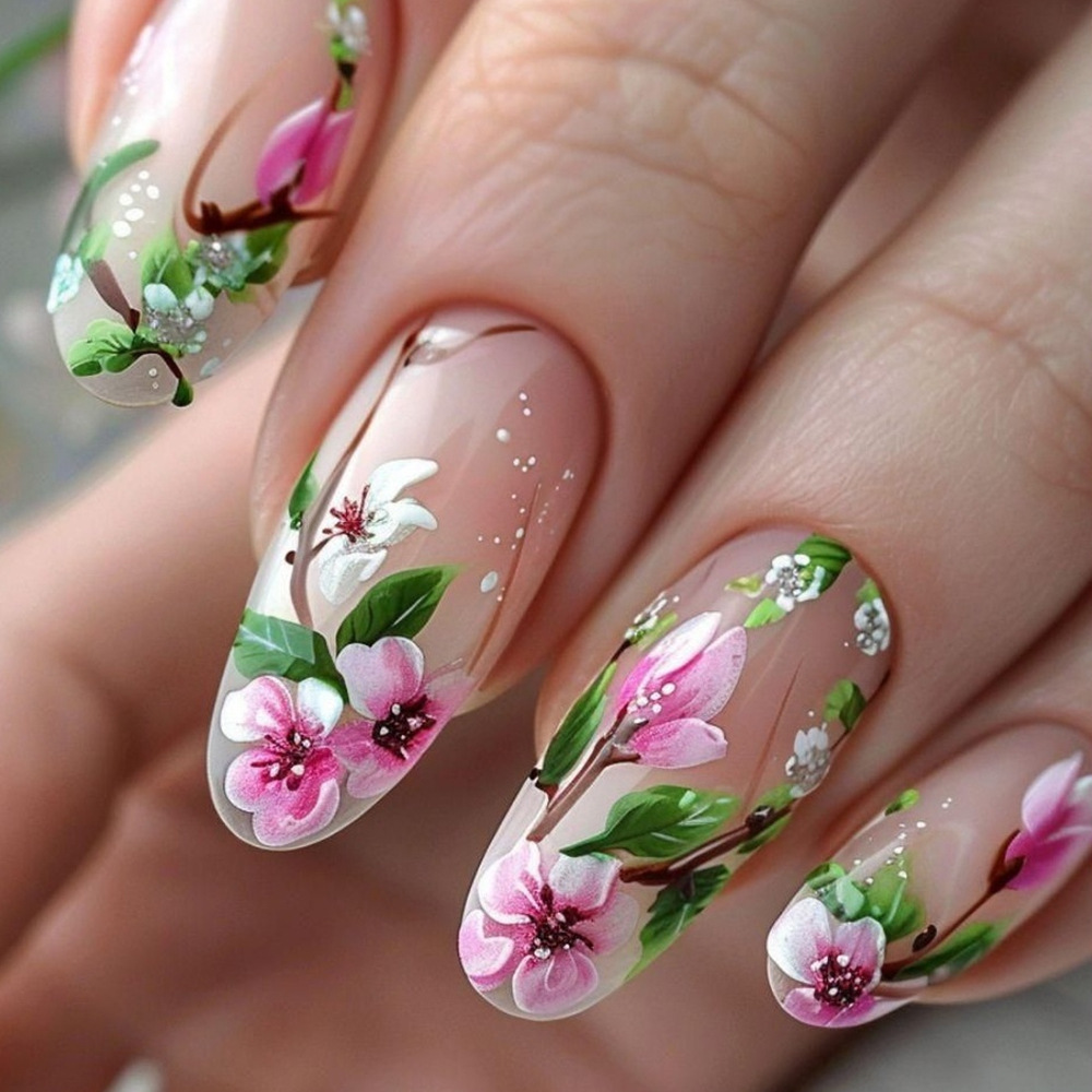 Pressed Flower Art - Короткие миндалевидные накладные ногти 3D Цветочные